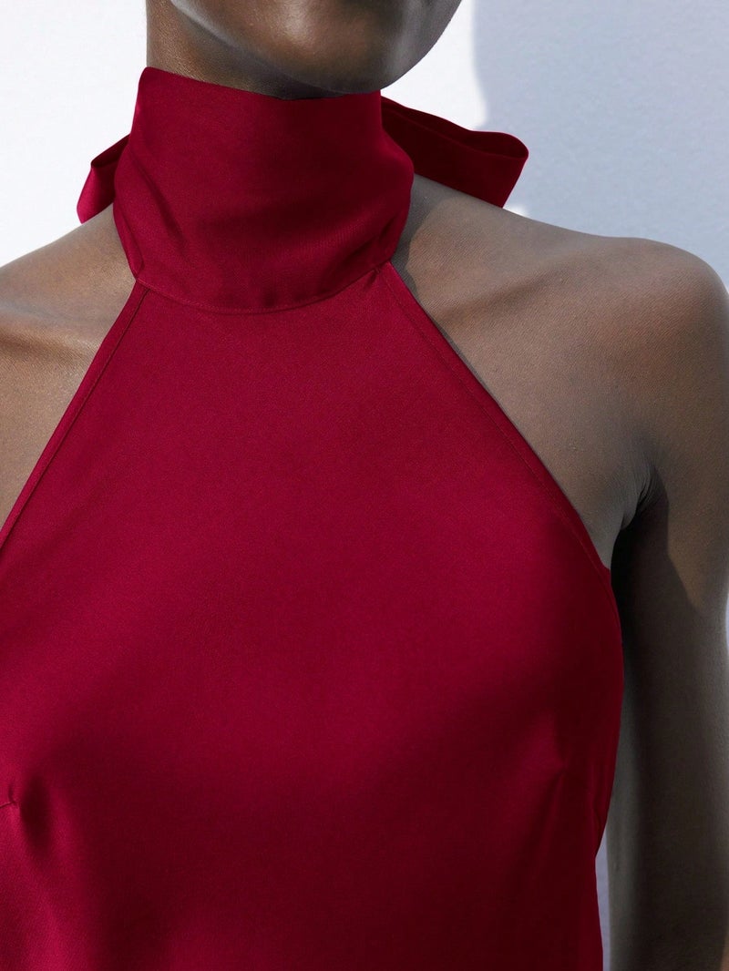 OUTZIDR Red Halterneck Midi Dress - Image 3